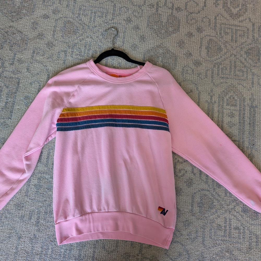 Aviator Nation Pink Crew Neck Sweater with Rainbow Stripes
